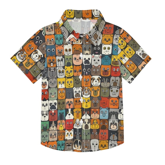 Dailycode Small Short Sleeve Button Down Shirts Many Cats Face Casual Shirt 3-10 Years