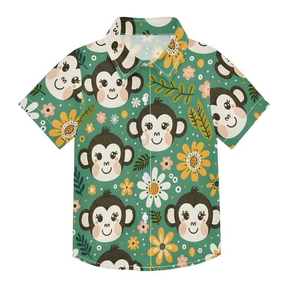 Dailycode Small Short Sleeve Button Down Shirts Monkey Faces Flowers Dots Casual Shirt 3-10 Years