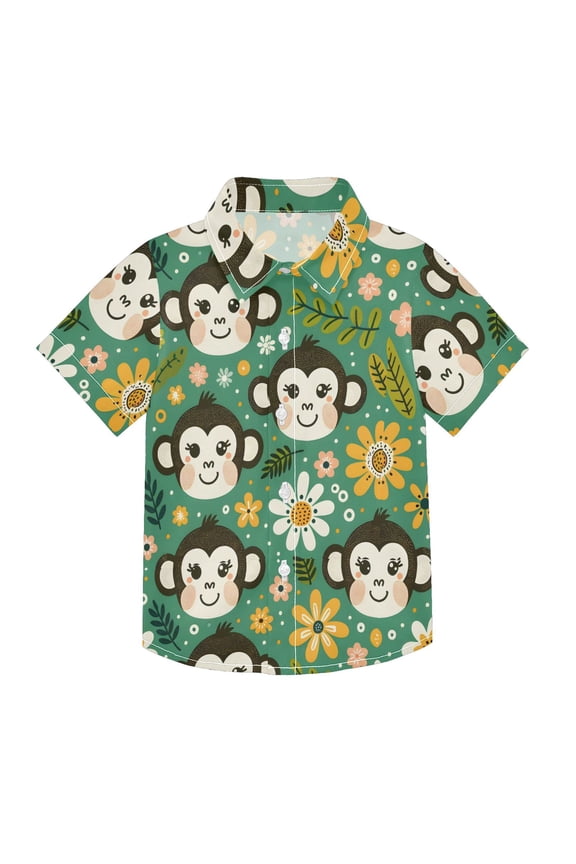Small Short Sleeve Button Down Shirts Monkey Faces Flowers Dots Casual Shirt 3-10 Years