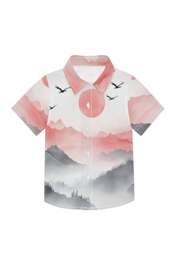 Small Short Sleeve Button Down Shirts Mountains Mist Sun Birds Casual Shirt 3-10 Years