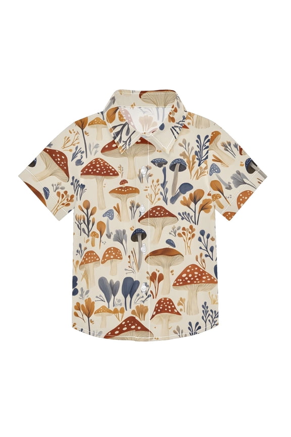 Small Short Sleeve Button Down Shirts Mushroom and Herb Casual Shirt 3-10 Years