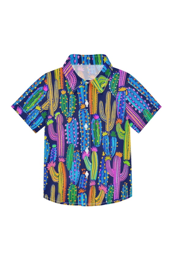 Small Short Sleeve Button Down Shirts Neon Colored Cactus Casual Shirt 3-10 Years