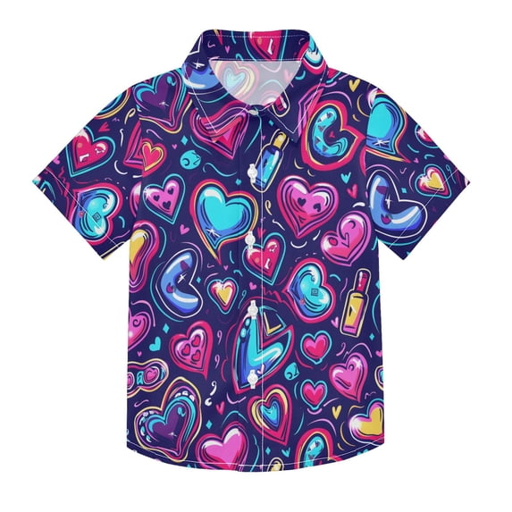 Dailycode Small Short Sleeve Button Down Shirts Neon Funny Cartoon Hearts Casual Shirt 3-10 Years