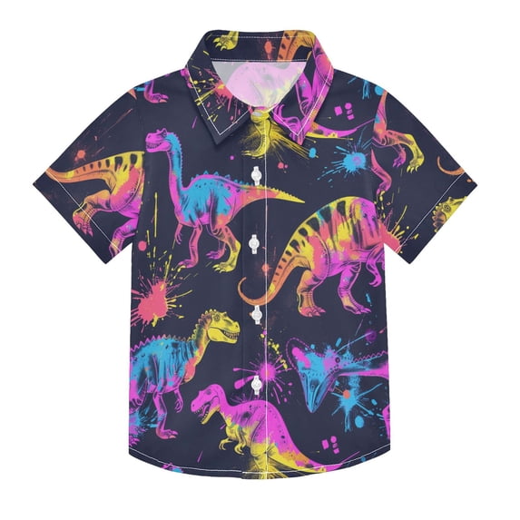 Dailycode Small Short Sleeve Button Down Shirts Neon Funny Dinosaurs Casual Shirt 3-10 Years