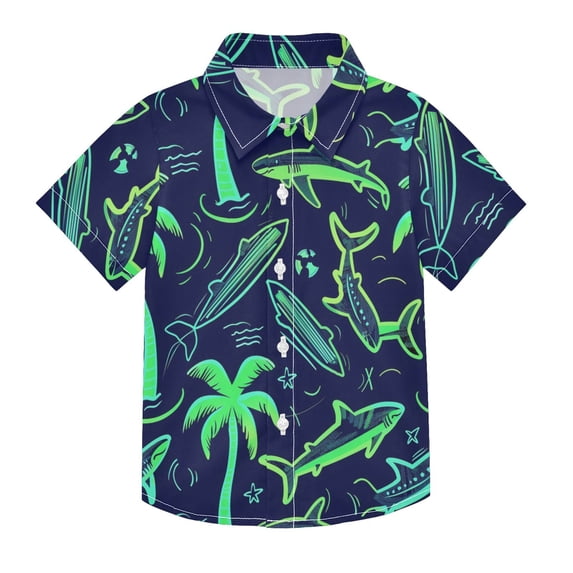 Dailycode Small Short Sleeve Button Down Shirts Neon Green Shark and Palm Trees Casual Shirt 3-10 Years