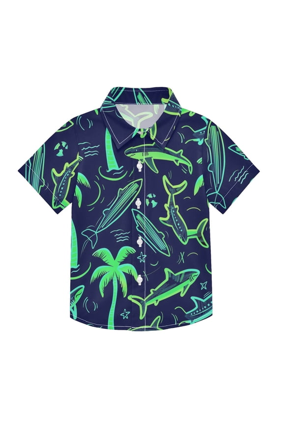 Small Short Sleeve Button Down Shirts Neon Green Shark and Palm Trees Casual Shirt 3-10 Years