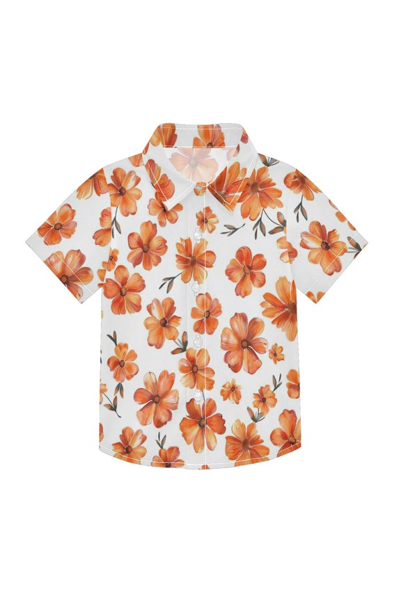 Small Short Sleeve Button Down Shirts Orange Flowers Casual Shirt 3-10 Years