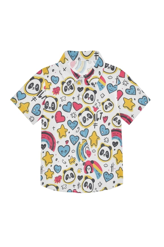 Small Short Sleeve Button Down Shirts Panda Faces Heart Star Casual Shirt 3-10 Years