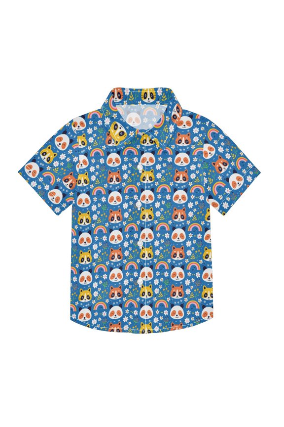 Small Short Sleeve Button Down Shirts Panda and Civet Cat Face Casual Shirt 3-10 Years