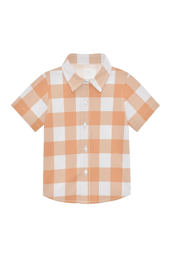 Small Short Sleeve Button Down Shirts Peach White Gingham Casual Shirt 3-10 Years