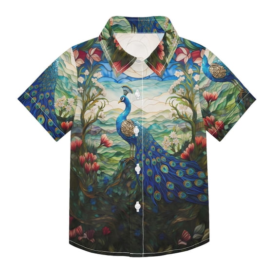 Dailycode Small Short Sleeve Button Down Shirts Peacock with Moon Casual Shirt 3-10 Years