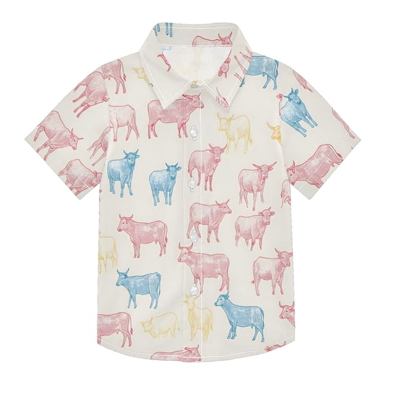 Dailycode Small Short Sleeve Button Down Shirts Pink Blue Yellow Cattle Casual Shirt 3-10 Years