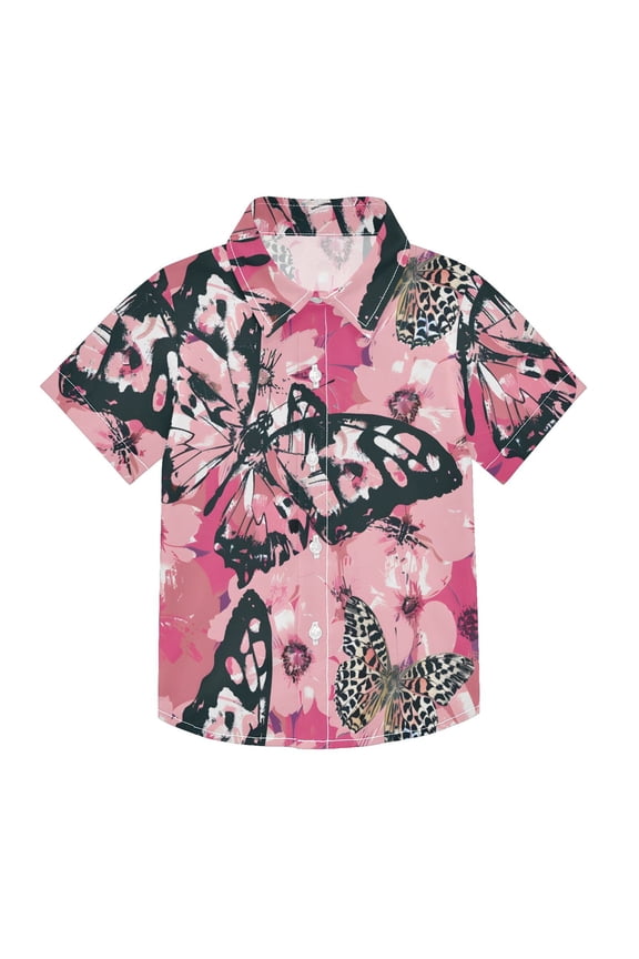 Small Short Sleeve Button Down Shirts Pink Leopard Butterfly Casual Shirt 3-10 Years