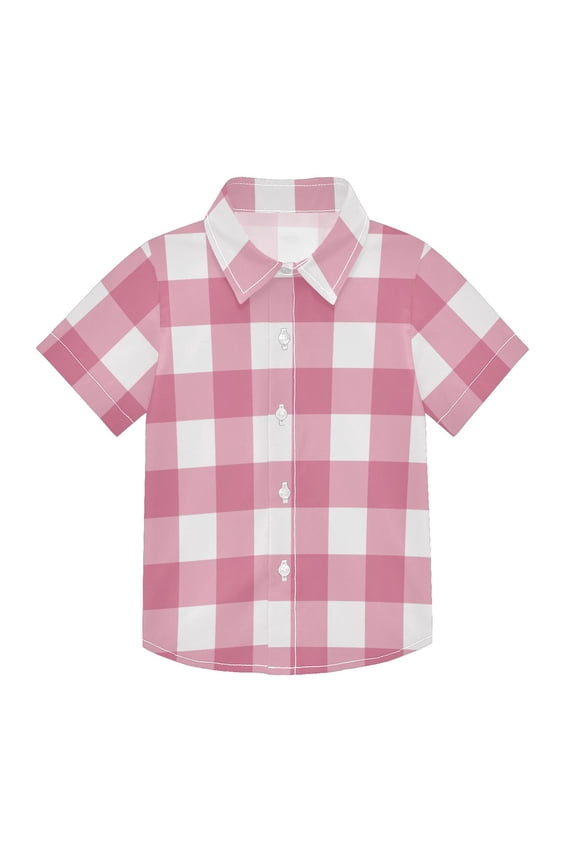 Small Short Sleeve Button Down Shirts Pink White Gingham Casual Shirt 3-10 Years