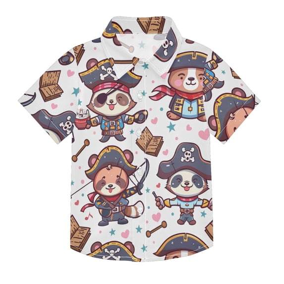 Dailycode Small Short Sleeve Button Down Shirts Pirate Bear and Book Casual Shirt 3-10 Years