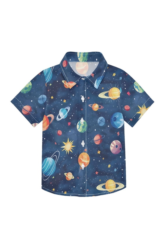 Small Short Sleeve Button Down Shirts Planets Star Sun Casual Shirt 3-10 Years