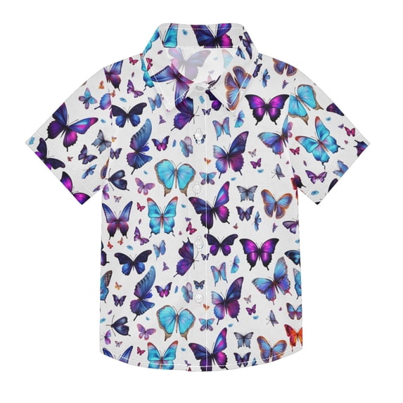 Dailycode Small Short Sleeve Button Down Shirts Purple Blue Butterflies Casual Shirt 3-10 Years