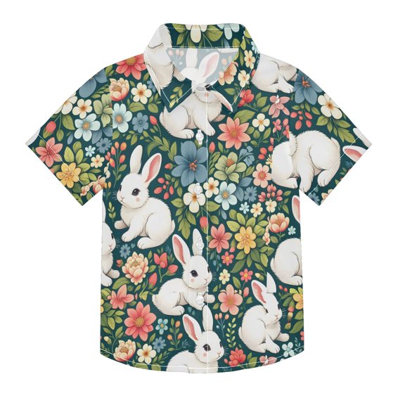 Dailycode Small Short Sleeve Button Down Shirts Rabbits in Flower Sea Casual Shirt 3-10 Years