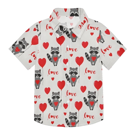 Dailycode Small Short Sleeve Button Down Shirts Raccoon and Love Heart Casual Shirt 3-10 Years