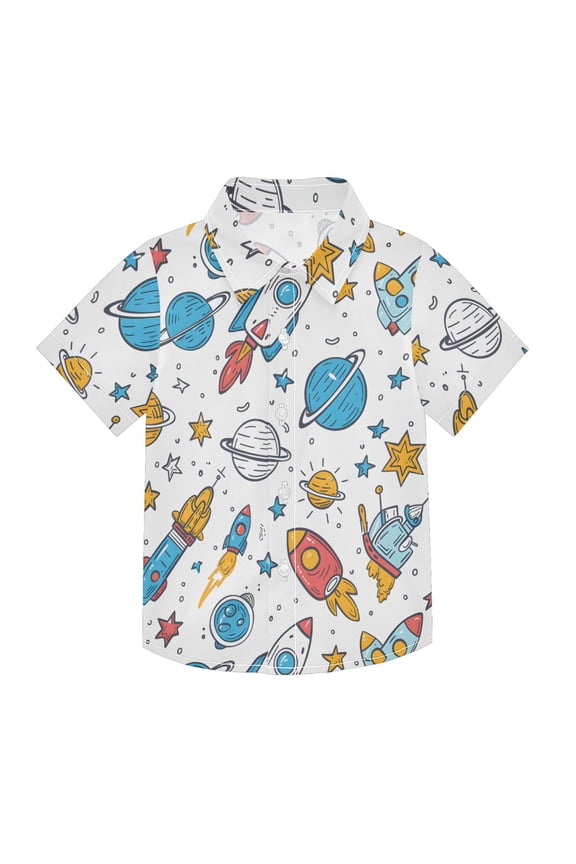 Small Short Sleeve Button Down Shirts Rocket Planet Star Casual Shirt 3-10 Years