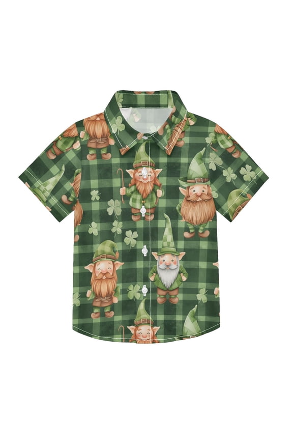 Small Short Sleeve Button Down Shirts Shamrock Gnomes on Green Plaid Casual Shirt 3-10 Years