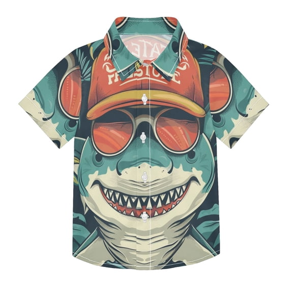 Dailycode Small Short Sleeve Button Down Shirts Shark with Hat and Sunglasses Casual Shirt 3-10 Years