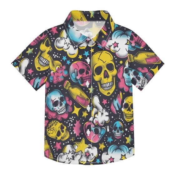 Dailycode Small Short Sleeve Button Down Shirts Skull Candy Bottles Stars Casual Shirt 3-10 Years