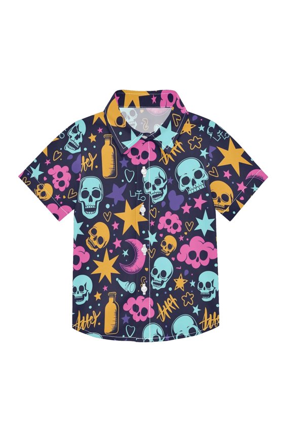 Small Short Sleeve Button Down Shirts Skull Cloud and Star Casual Shirt 3-10 Years