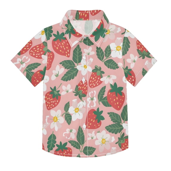 Dailycode Small Short Sleeve Button Down Shirts Strawberries Flowers Leaves Casual Shirt 3-10 Years