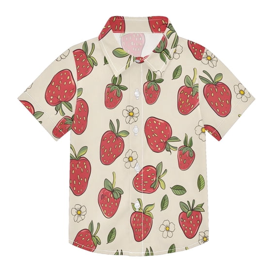 Dailycode Small Short Sleeve Button Down Shirts Strawberries and White Flowers Casual Shirt 3-10 Years
