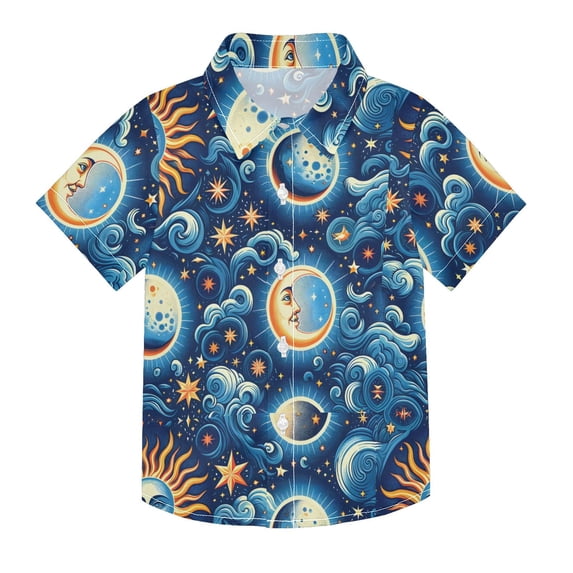 Dailycode Small Short Sleeve Button Down Shirts Sun Moon Face and Swirling Clouds Casual Shirt 3-10 Years