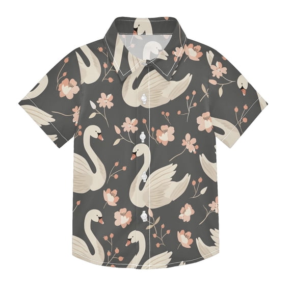 Dailycode Small Short Sleeve Button Down Shirts Swan and Flowers Casual Shirt 3-10 Years