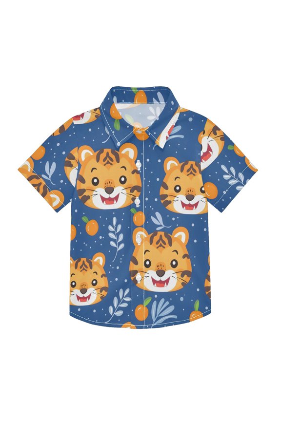 Small Short Sleeve Button Down Shirts Tiger Face and Persimmon Casual Shirt 3-10 Years
