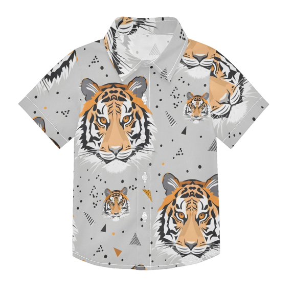 Dailycode Small Short Sleeve Button Down Shirts Tigers Face and Triangles Casual Shirt 3-10 Years