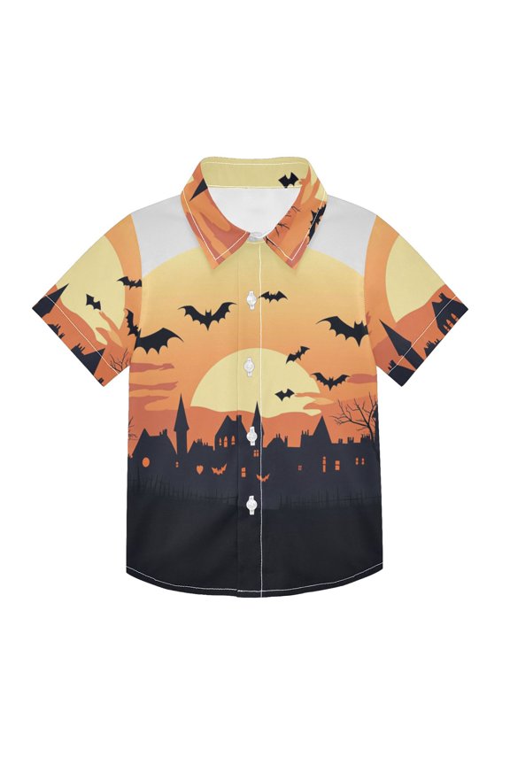 Small Short Sleeve Button Down Shirts Town Bat Sunset Casual Shirt 3-10 Years