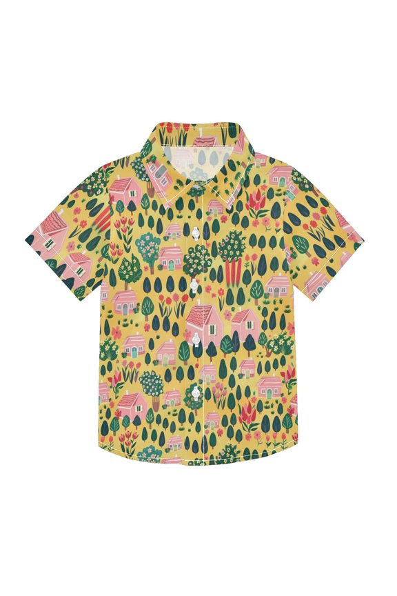 Small Short Sleeve Button Down Shirts Tree and House Casual Shirt 3-10 Years