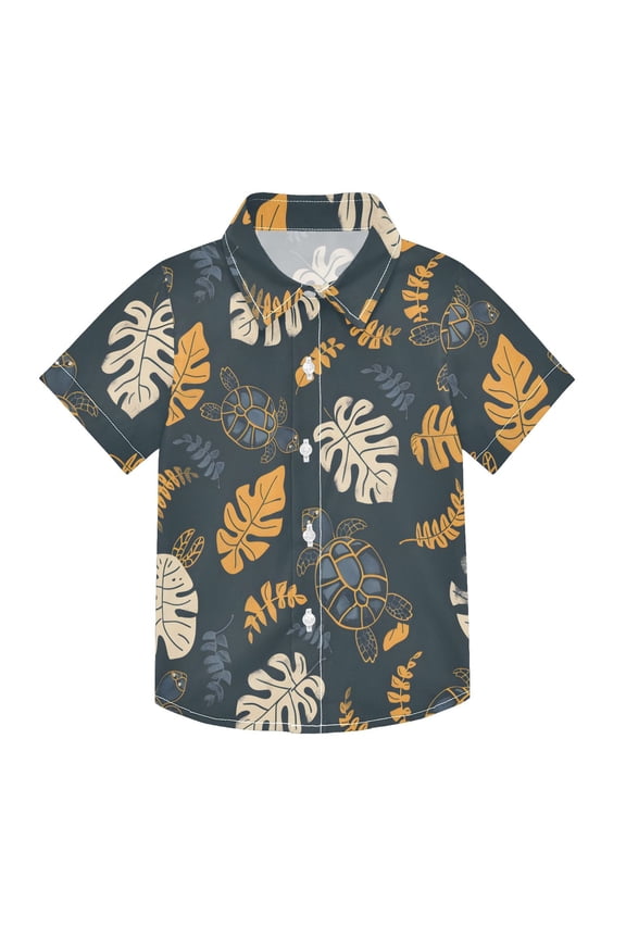 Small Short Sleeve Button Down Shirts Turtle and Palm Leaf Casual Shirt 3-10 Years