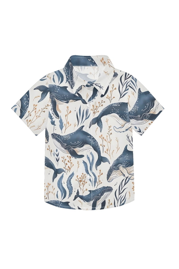 Small Short Sleeve Button Down Shirts Underwater Humpback Whales Swimming Casual Shirt 3-10 Years