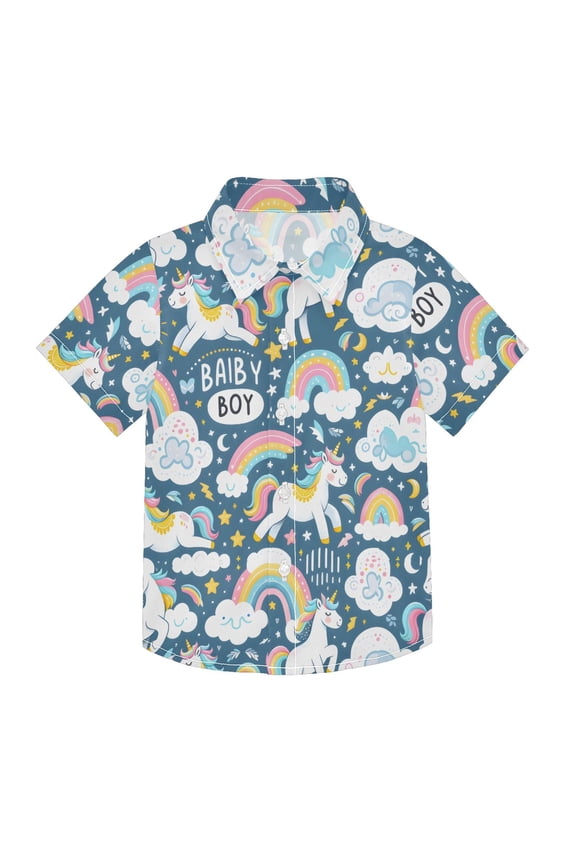 Small Short Sleeve Button Down Shirts Unicorns Rainbows Clouds Casual Shirt 3-10 Years