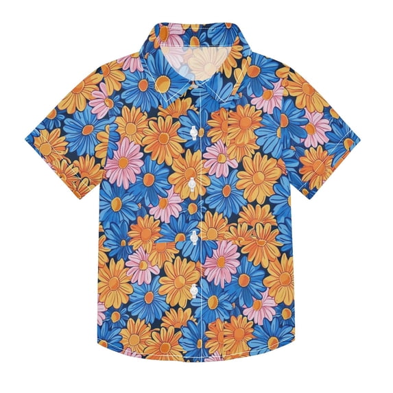 Dailycode Small Short Sleeve Button Down Shirts Vibrant Cartoon Daisies Casual Shirt 3-10 Years