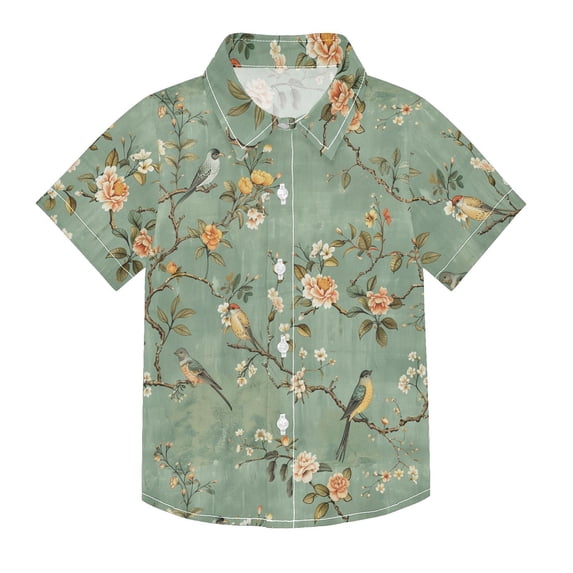 Dailycode Small Short Sleeve Button Down Shirts Vintage Chinese Bird and Flower Casual Shirt 3-10 Years