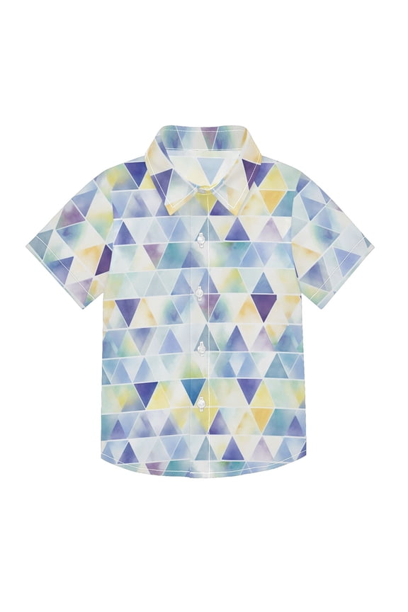 Small Short Sleeve Button Down Shirts Watercolor Blue Triangles Casual Shirt 3-10 Years