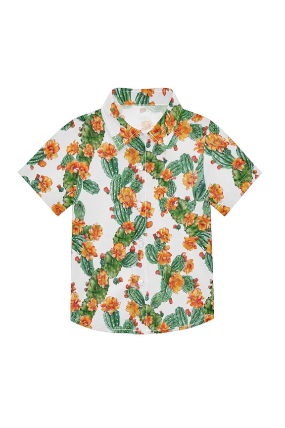 Small Short Sleeve Button Down Shirts Watercolor Cactus with Flowers Casual Shirt 3-10 Years