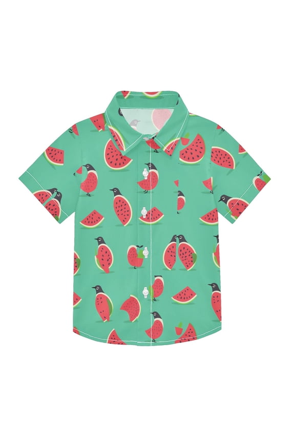 Small Short Sleeve Button Down Shirts Watermelon with Bird Casual Shirt 3-10 Years