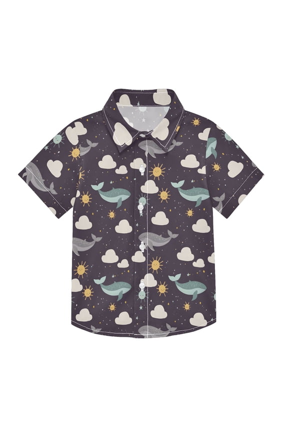 Small Short Sleeve Button Down Shirts Whale Cloud Sun Casual Shirt 3-10 Years