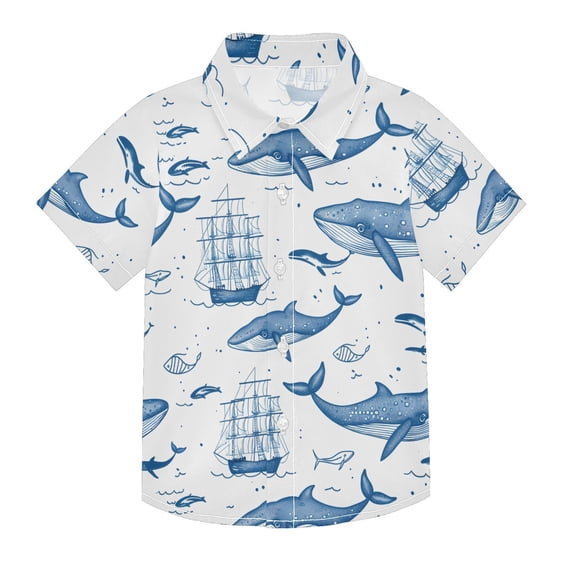 Dailycode Small Short Sleeve Button Down Shirts Whales Boats Fish Casual Shirt 3-10 Years