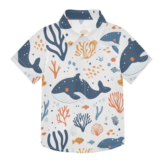 Dailycode Small Short Sleeve Button Down Shirts Whales and Coral Casual Shirt 3-10 Years