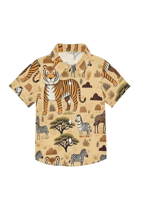 Small Short Sleeve Button Down Shirts Wildlife Tiger Zebra Giraffe Casual Shirt 3-10 Years