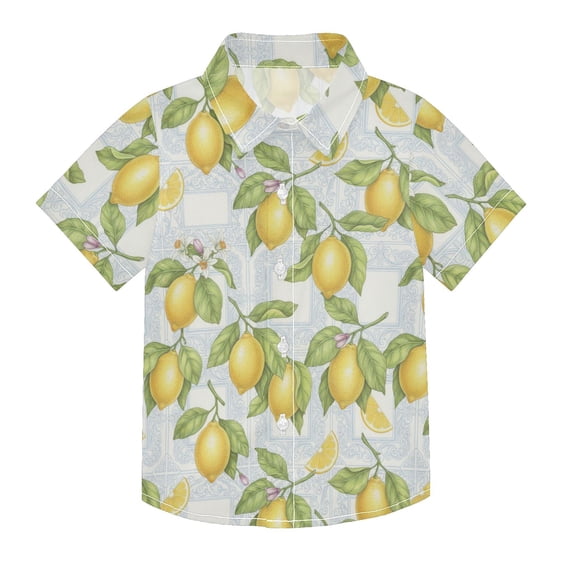 Dailycode Small Short Sleeve Button Down Shirts Yellow Lemon and Blue Tile Casual Shirt 3-10 Years