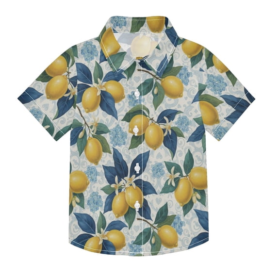 Dailycode Small Short Sleeve Button Down Shirts Yellow Lemons Blue Flowers Casual Shirt 3-10 Years